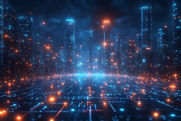 Obraz premium Futuristic Cityscape at Night Neon Towers & Digital Ground, Cyberpunk Scenery