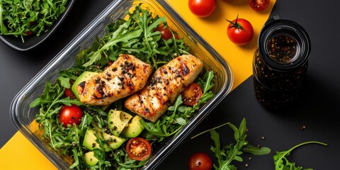 Fresh chicken fillet salad with avocado and cherry tomatoes for a healthy lunch Generative AI