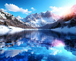 Fototapeta premium Serene Winter Lake Reflecting Snowy Mountains