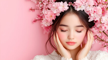 Naklejka premium Serene girl, cherry blossom crown, pink backdrop, beauty