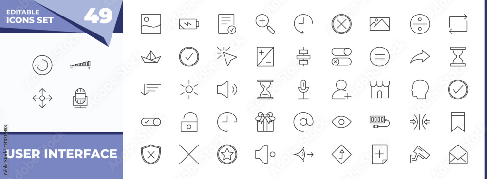 Poster outline icons set - user interface concept. vector icons included reload, volume and more.