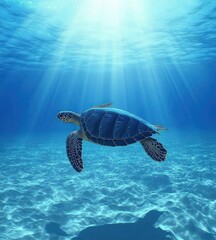 Fototapeta premium A sea turtle swims gracefully in the ocean next to a rose