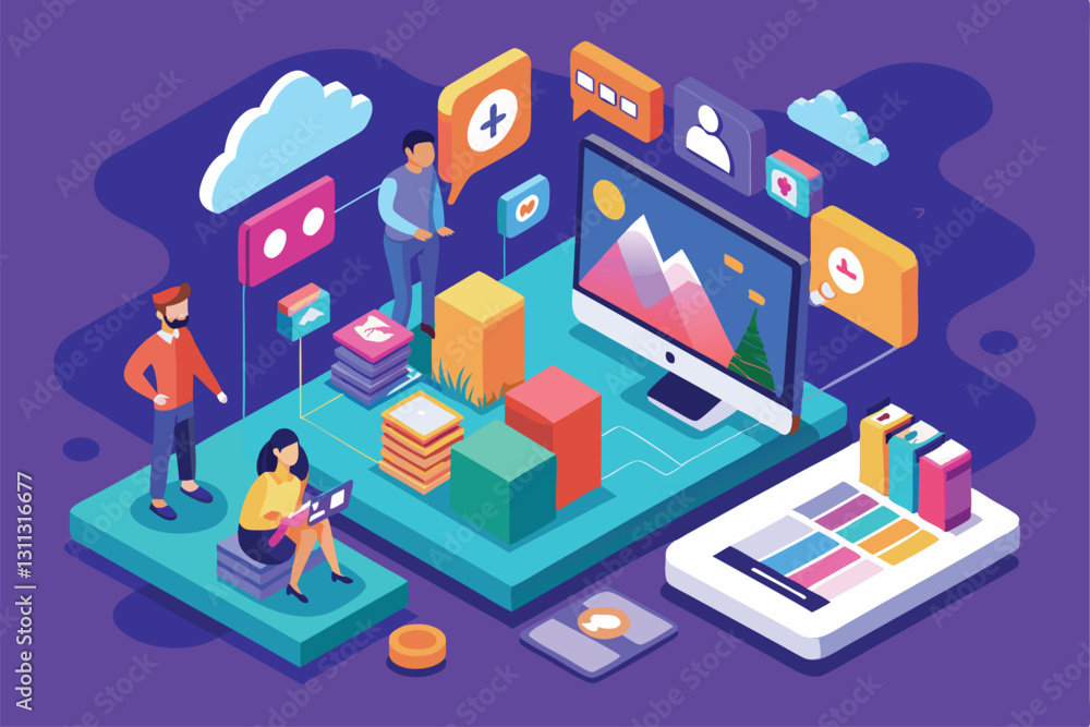Poster two users interact with customizable photo sharing features in an isometric design with vibrant colo