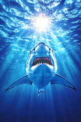 Shark swimming upwards in the ocean with sunlight filtering through the water