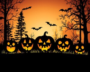 Jack-o'-lanterns in spooky forest at night