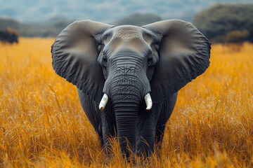 Fototapeta premium Majestic Elephant in Grassy Savannah With Brown Grassland and Lush Green Trees in the Background and Filtered Light With Pixelated Defect