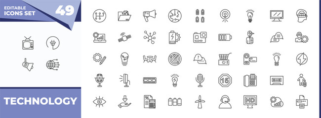outline icons set - technology concept. vector icons included old television, electrical plug and more.