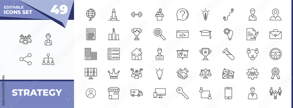 Poster outline icons set - strategy concept. vector icons included workers, worker and more.