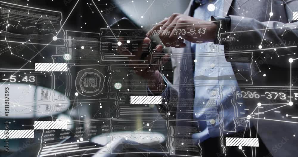 Poster interacting with animation, business professional using digital data interface in office