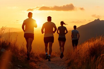 Athletes running on a mountain trail at sunset