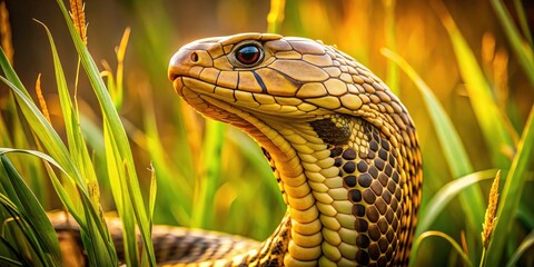 Fototapeta premium King Cobra Close Up, Vintage Snake Photo, Reptile Photography, Wild Animal, Nature, Herpetology, Wildlife, Serpent, Grass, Vintage Style