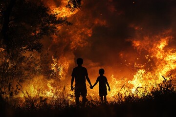 Fototapeta premium Silhouetted Figures in Danger Amid Intense Forest Fire Flames