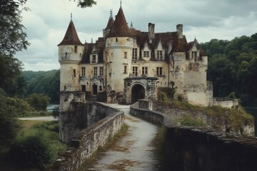 Obraz premium Stone bridge leading to the entrance of a french castle surrounded by trees and cloudy sky