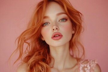 Fototapeta premium Portrait of gorgeous redhead model posing on pink background