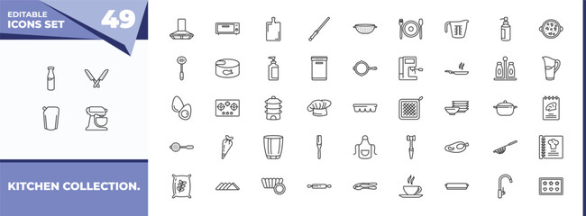 outline icons set - kitchen collection. concept. vector icons included milk, knives and more.