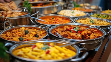 Obraz premium Various Indian dishes in metal chafing dishes. Perfect for illustrating food blogs, restaurant menus, or buffet spreads.