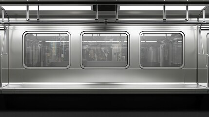Obraz premium Empty subway car interior with blurred city views through windows.