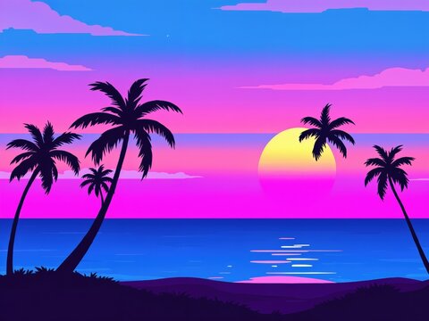Palm trees on the beach at sunset. Sunset Paradise