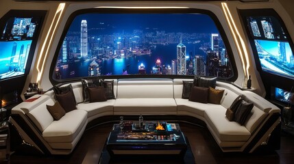 Luxury Lounge with City View Sitting, Relaxing, Hong Kong at Night