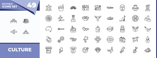 outline icons set - culture concept. vector icons included brazil carnival mask, spring rolls and more.