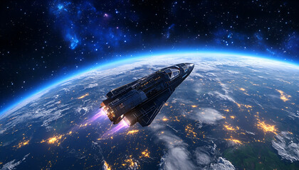 Obraz premium Spaceship orbiting Earth at night, city lights visible