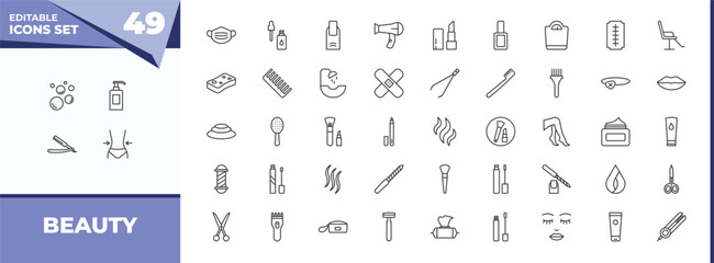 outline icons set - beauty concept. vector icons included foam, shampoo bottle and more.