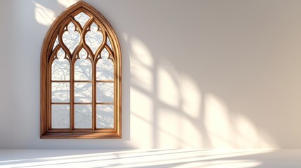 Sunlight streams through a Gothic arched window in a minimalist room. (1)