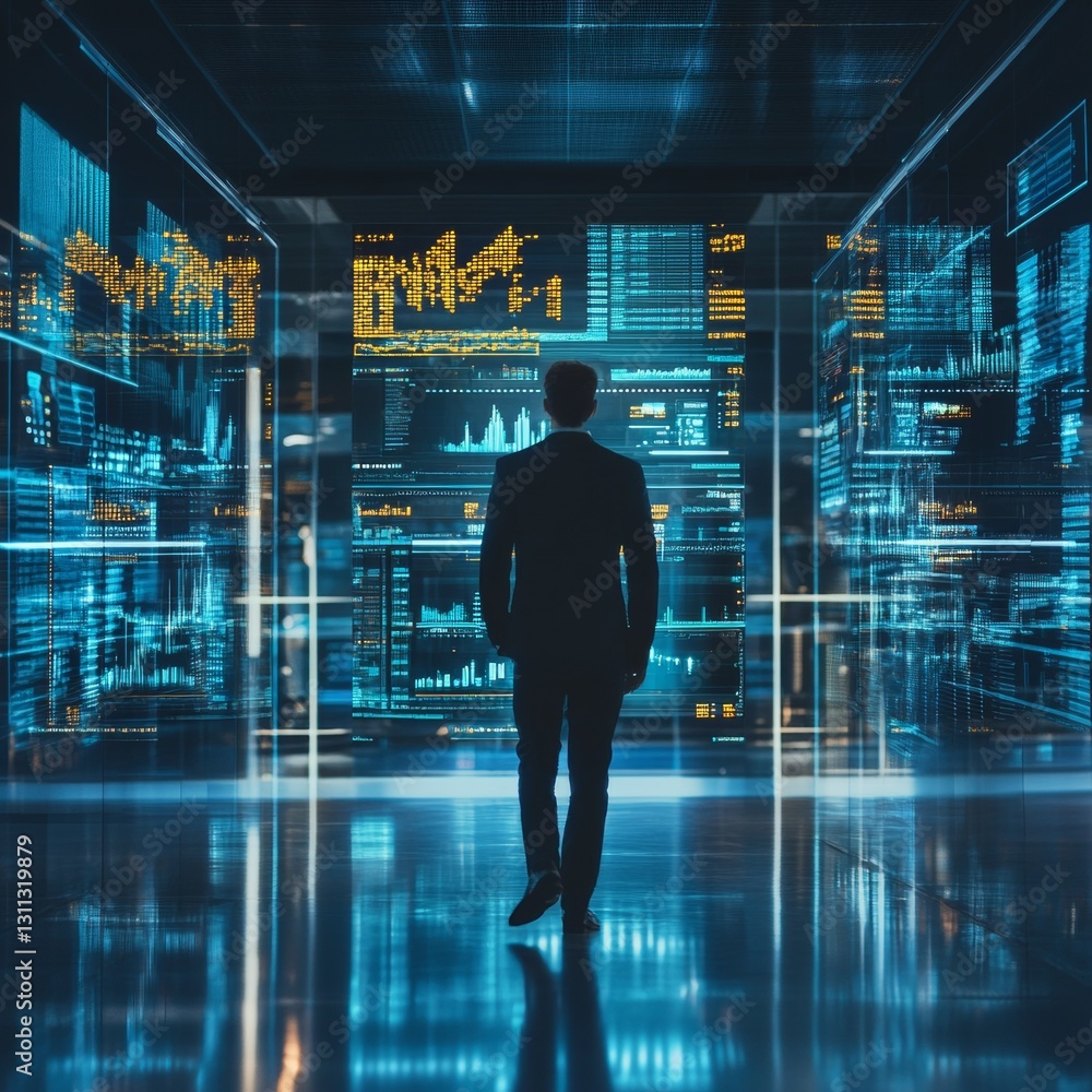 Poster a man is walking through a room with many computer screens