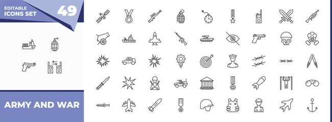 outline icons set - army and war concept. vector icons included ship, whizbang with rong and more.