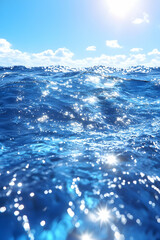 Sparkling ocean surface reflecting sunlight under blue sky with white clouds