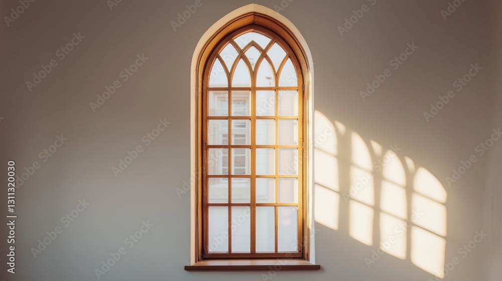 Aufkleber sunlight streams through a gothic arched window in a minimalist room.