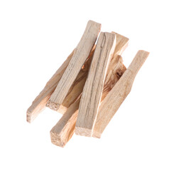Pile of palo santo sticks on white background