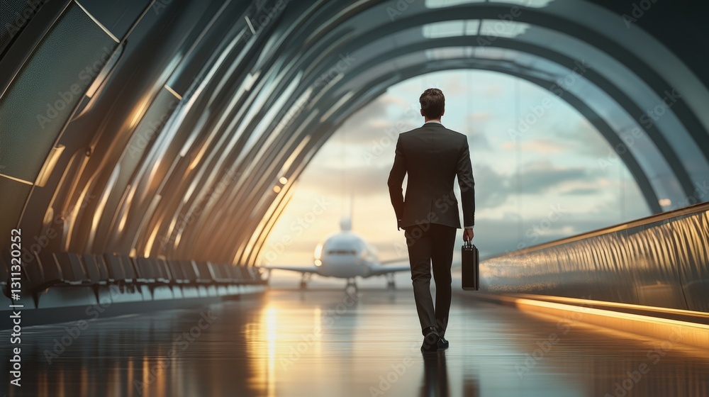 Poster a man in a suit is walking through a tunnel with an airplane in the background