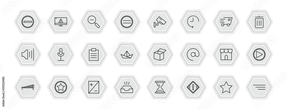 Poster outline icons set - user interface concept. vector icons included subtraction, zoom out, vigilance, 