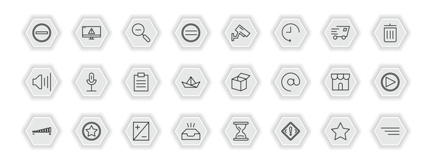 outline icons set - user interface concept. vector icons included subtraction, zoom out, vigilance, mic and more.