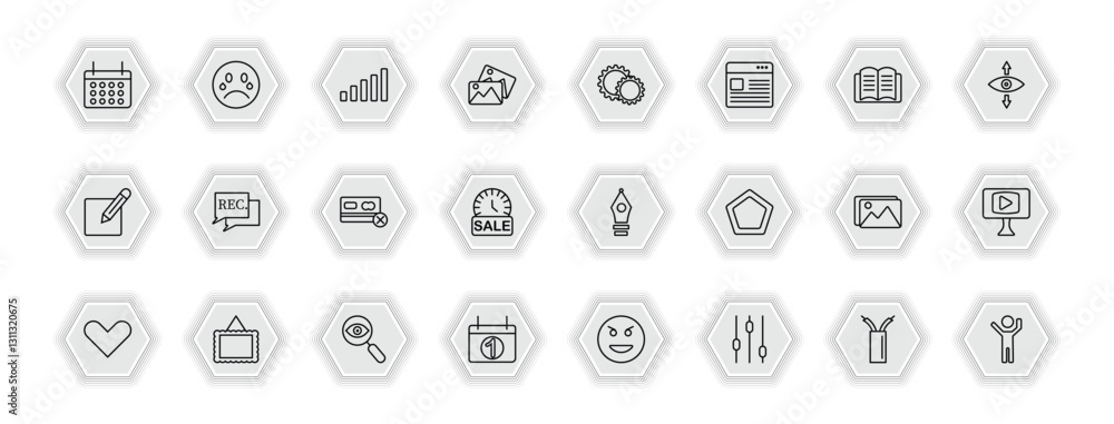 Poster outline icons set - user interface concept. vector icons included timetable, level, gear option, rec