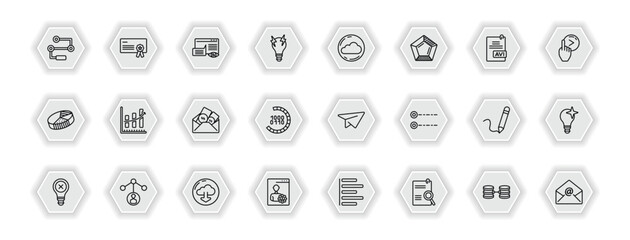 outline icons set - user interface concept. vector icons included flow chart interface, data viewer, , increasing data and more.