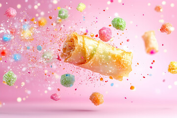 Spring roll floats amidst colorful candy and dust against a pink background
