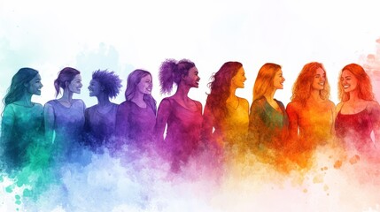 A vibrant scene of women from various backgrounds, standing together happily