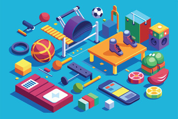 Obraz premium A vibrant illustration showcasing a variety of physical education equipment, emphasizing activity and customization, Physical education Customizable Isometric Illustration