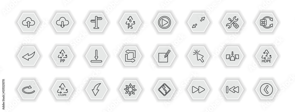 Poster outline icons set - user interface concept. vector icons included cloud upload, crossroads, press pl