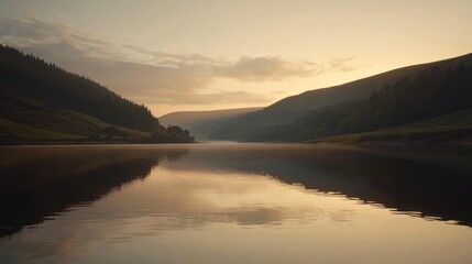Fototapeta premium Serene sunrise over calm lake reflecting hills and sky.