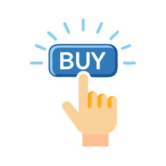 Hand pressing blue buy button icon