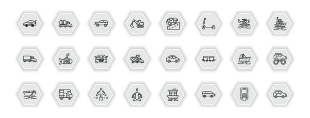 outline icons set - transportation concept. vector icons included sport car, suv, off road, small submarine and more.