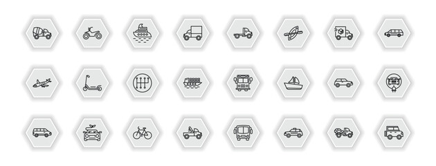 outline icons set - transportation concept. vector icons included cement truck, yacht, truck, scooter and more.