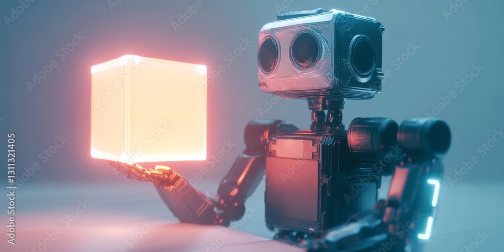 Aufkleber robot holding glowing cube in futuristic environment with soft light