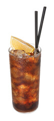 Refreshing cola with slice of lemon, ice cubes and drinking straws in glass isolated on white