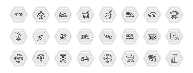 outline icons set - transport concept. vector icons included car lights, go kart, air transport, flights and more.