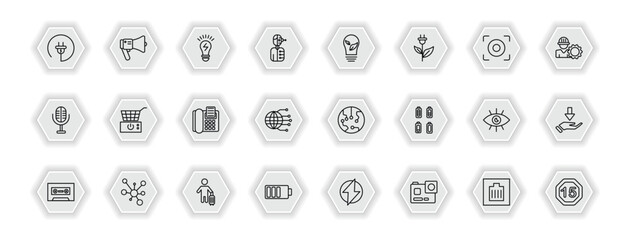 outline icons set - technology concept. vector icons included electrical plug, electric light bulb, ecologic bulb, fryer and more.