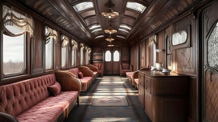 Naklejka premium Luxurious vintage train interior showcasing plush seating, elegant woodwork, and soft lighting